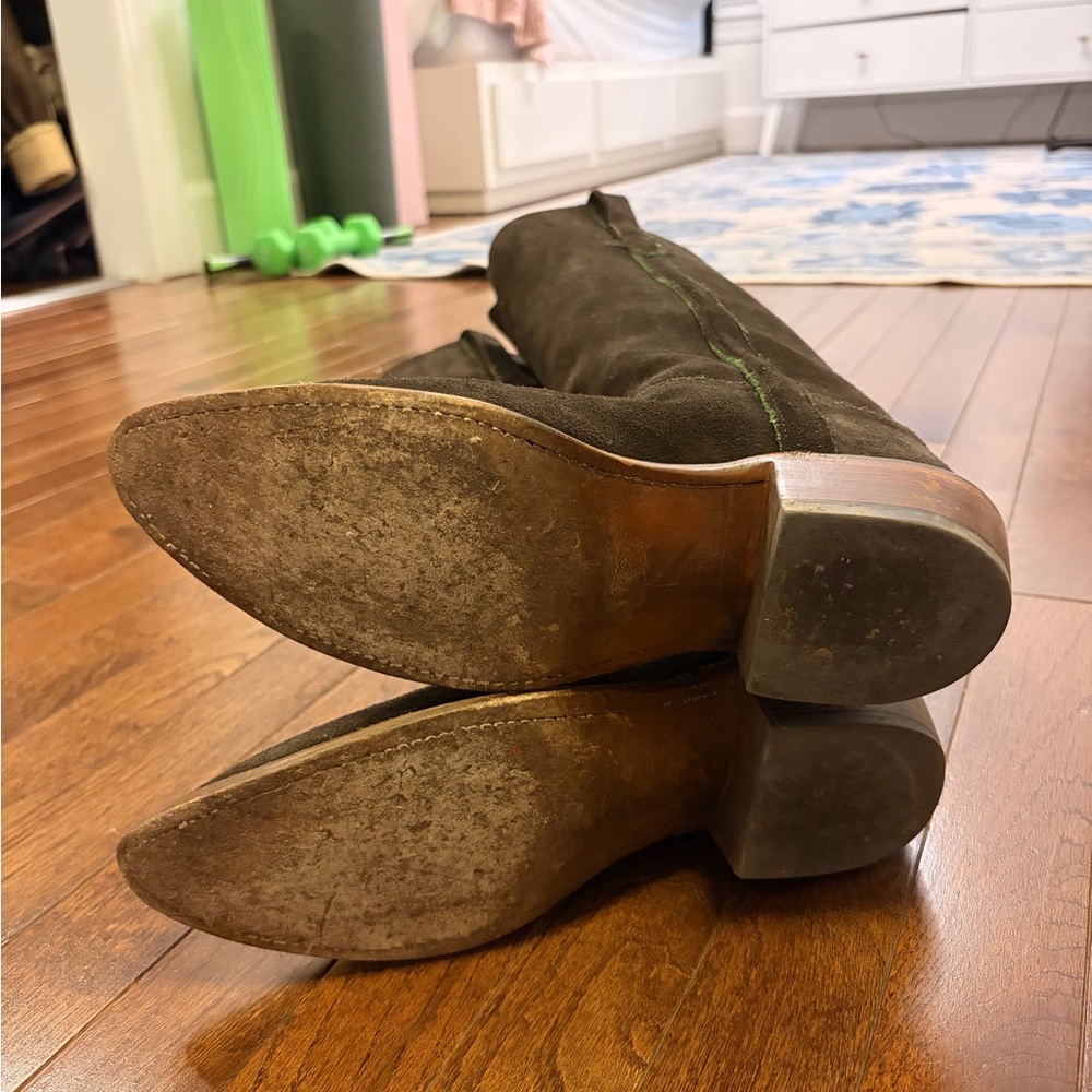 Lucchese Dark Brown Suede Edie boots with Green Stitching - Picture 11 of 11